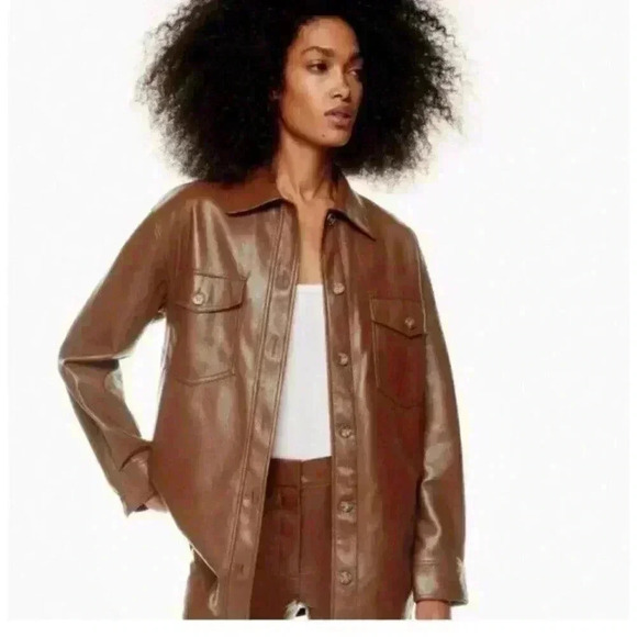 Aritzia Wilfred Ganna vegan brown leather shirt jacket shacket size XXS/XS/S - Picture 2 of 11